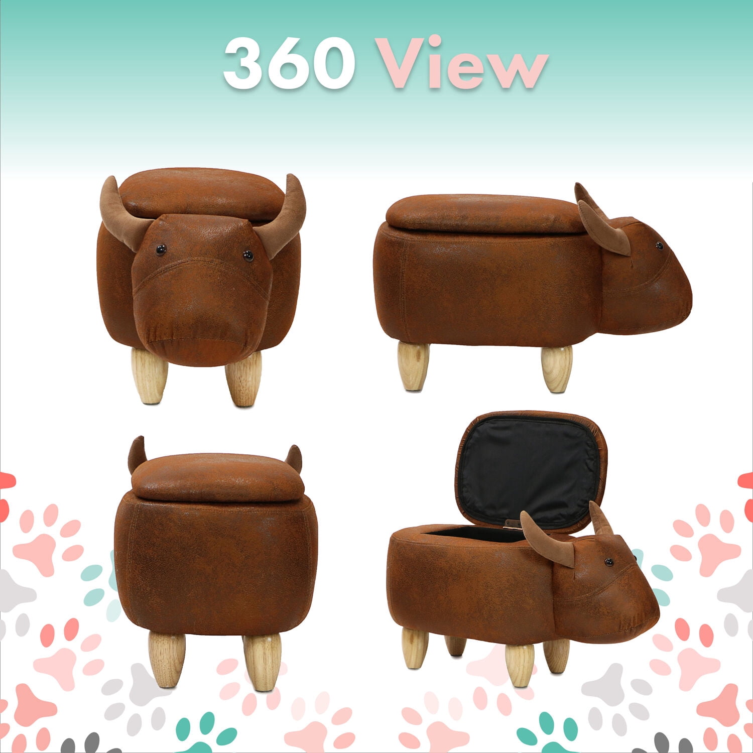 Critter Sitters 15-In. Seat Height Brown Cow Animal Shape Storage Ottoman - Furniture for Nursery, Bedroom, Playroom, and Living Room Decor
