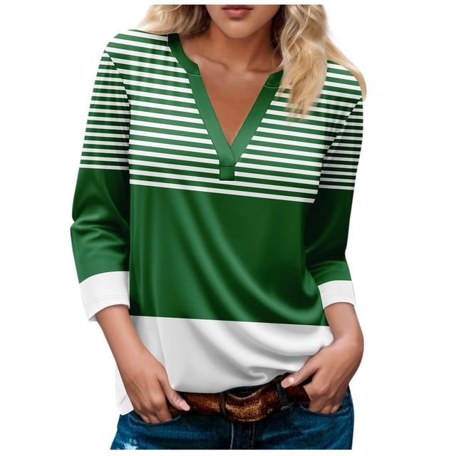 FAIWAD Hauts pour Femmes Classiques à Rayures Color Block T-Shirts Habillés Décontractés Col en V Manches 3/4 Blouses