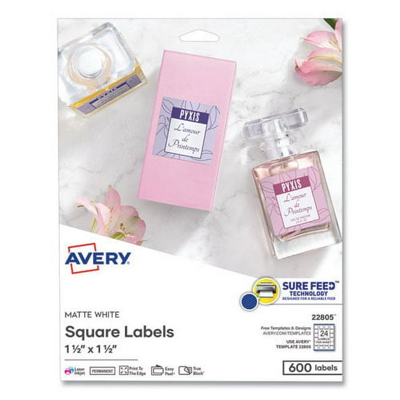 "Square Labels With Sure Feed And Trueblock, 1 1/2 X 1 1/2, White, 600/pack | Bundle of 2 Packs"