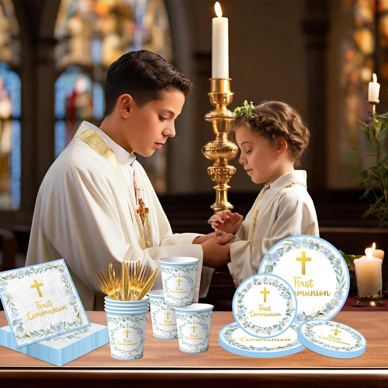 Communion Decorations – Includes 9" & 7" Plates, Napkins, Cups, Cutlery, Serves 25, for First Holy Communion, Baptism, Primera Comunion Party, Available in Pink, Blue, or Green