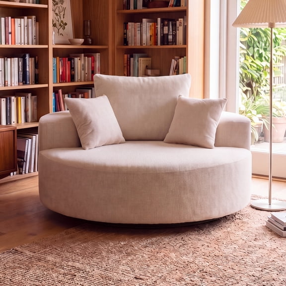 Newest 55" Oversized Round Swivel Chair, 360° Rotating Chenille Accent Chair for Living Room & Bedroom, Beige