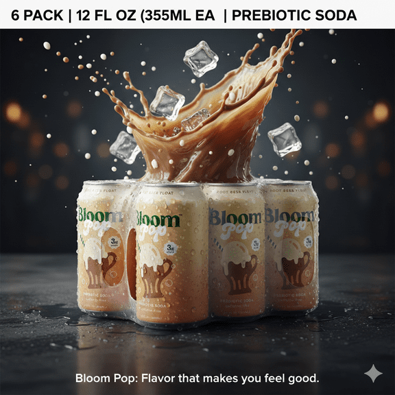 Bloom Pop Prebiotic Soda, Root Beer Float, 12 fl oz Cans – Pack of 6