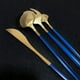 thumbnail image 2 of XmhyTop Juego de cubiertos de acero inoxidable reutilizables, cubiertos con espejo (servicio para 10 personas, azul dorado), 2 of 4