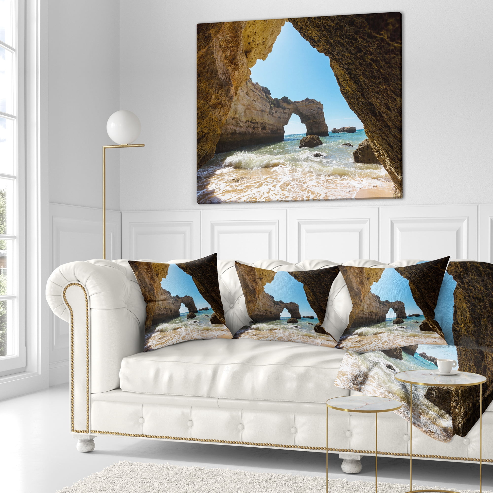 Designart Portugal Coast with Amazing Caves - Landscape Printed Throw Pillow - 16x16