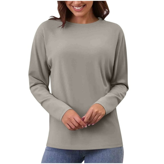 Oplxuo Women's Long Sleeve Shirts Crewneck Cotton Basic T-Shirt Solid Color Soft Comfy Casual Tops Tees for Women