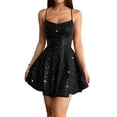 thumbnail image 2 of Women Sparkly Sequin Sleeveless Backless Crisscross Tie Flare Mini Party Dress Black S, 2 of 8