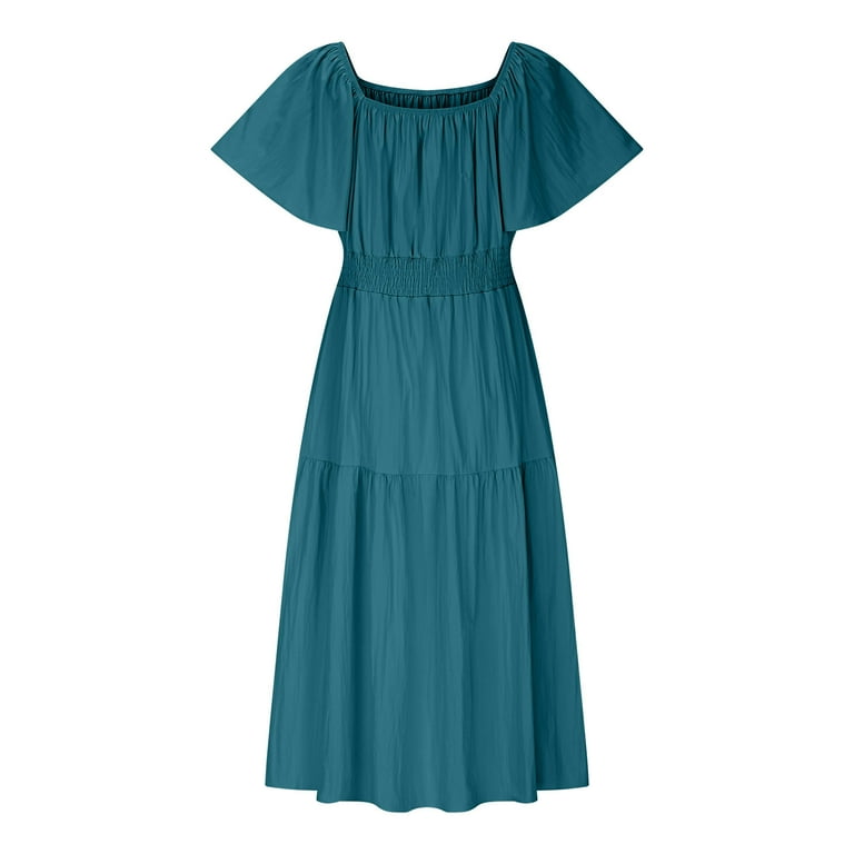 Oplxuo Off-Shoulder Dresses for Women Summer Puff Sleeve Empire Waist  Casual Ruffle A-Line Flowy Midi Dress - Walmart.com