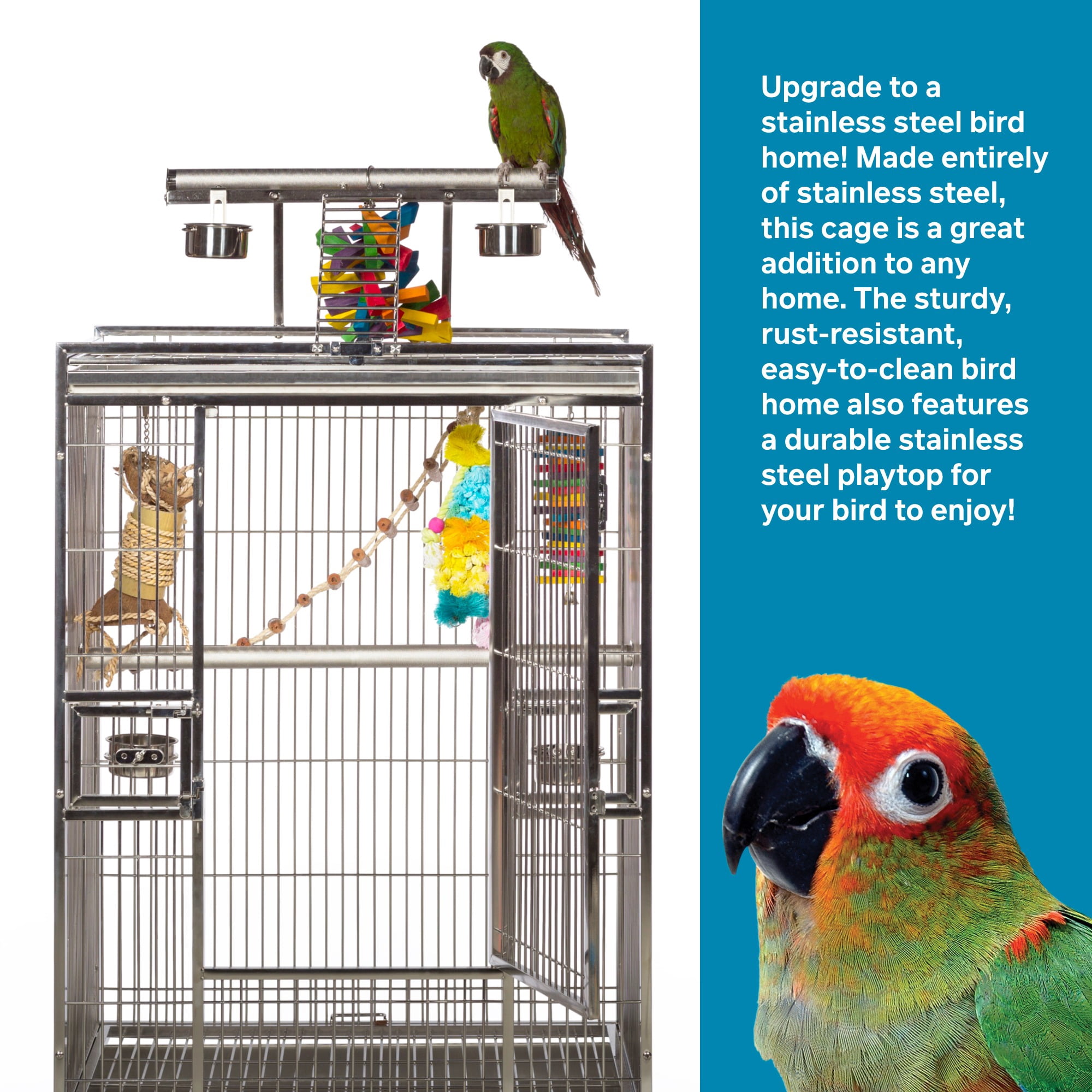Prevue Pet Products Stainless Steel Playtop Bird Cage - Ideal for Cockatiels, Quakers, Green Cheek Conures, Parakeets, Lovebirds, Small Amazons, Parrots, Rolling Enclosure - Stainless Steel, Medium