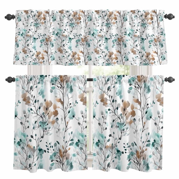 Teal Brown Spring Floral Kitchen Curtains Sets for Windows 36 Inch Length, Summer Botanical Abstract Rod Pocket Window Treatments Tier Curtains and Valances Set for Bedroom/Bathroom