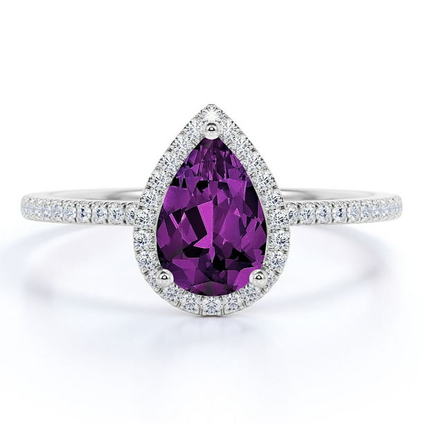 JeenMata Anillo de Compromiso de 1 Quilate con Piedra Natal de Febrero en Corte de Pera - Anillo de Bodas - Anillo de Halo - Anillo Pavé - Anillo de Promesa - Baño de Oro Blanco de 18 K sobre Plata