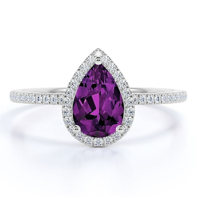 JeenMata Anillo de Compromiso de 1 Quilate con Piedra Natal de Febrero en Corte de Pera - Anillo de Bodas - Anillo de Halo - Anillo Pavé - Anillo de Promesa - Baño de Oro Blanco de 18 K sobre Plata