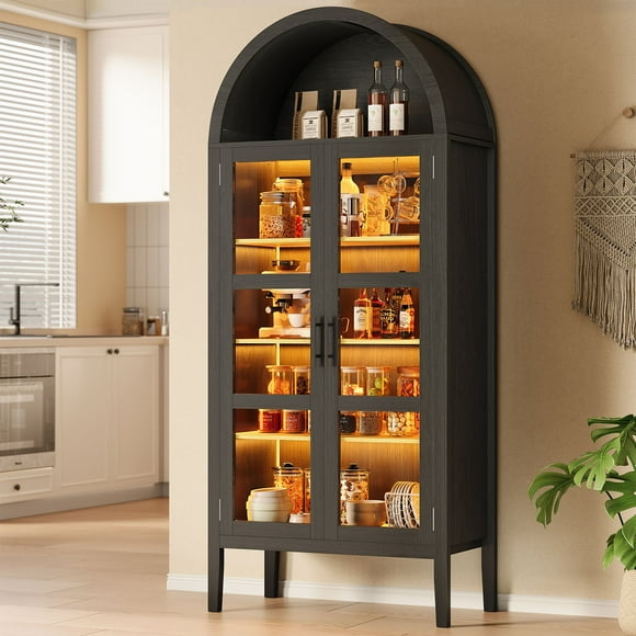 Garvee 70" Arched Pantry Cabinet with LED Lights & Glass Doors, Modern MDF Freestanding Kitchen Storage Cabinet with Open Shelf, Cupboard for Dining Room & Living Room, Black