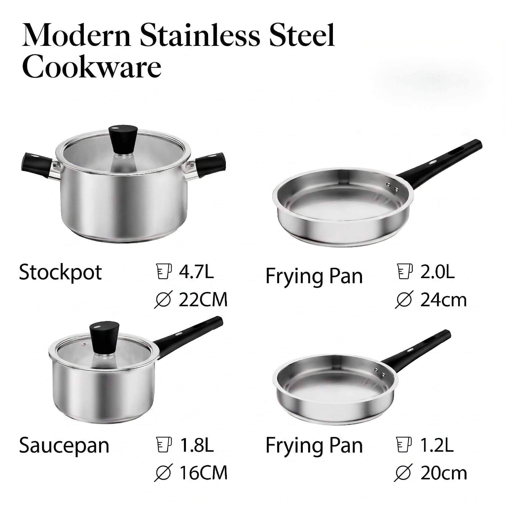 Stainless Steel Pots and Pans Set Non Toxic, 6PCs Kitchen Cookware Sets with Stay-Cool Handles, Dishwasher Safe&Compatible with All Stovetops(Gas,Electric&Induction)