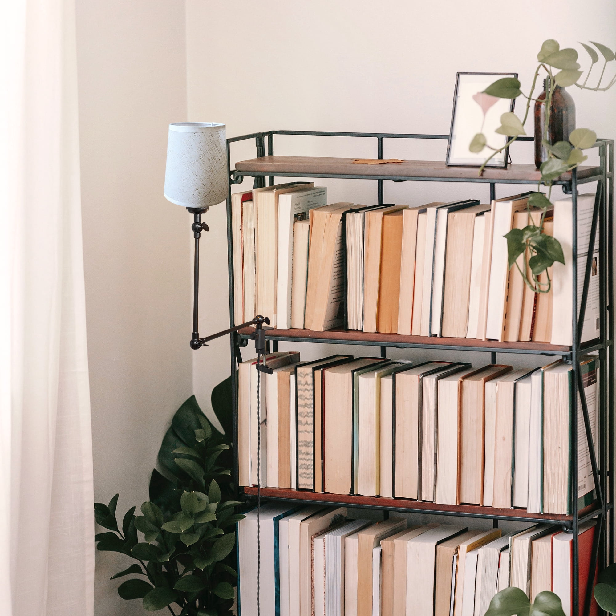 Kiven Plug-in Modern Clip-on Desk Lamp, 1-Light Nordic Nightstand Lamp with Flexible Arm, Beige Drum Fabric Lampshade, 8.2FT Plug in Cord, Decorative Clamp Lamp for Office Home Bookshelf Bedside
