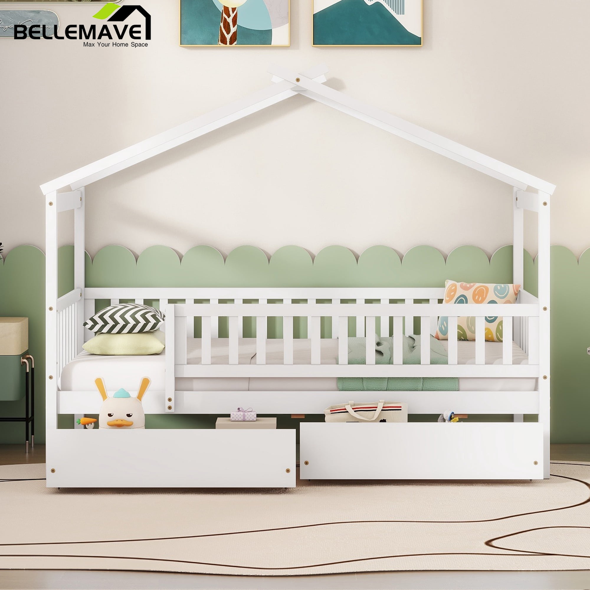 Bellemave Twin Size House Bed with Storage Drawers Playhouse Platform Bed Wooden House-shaped Bed Frame with Fence Guardrail (Twin size, White)