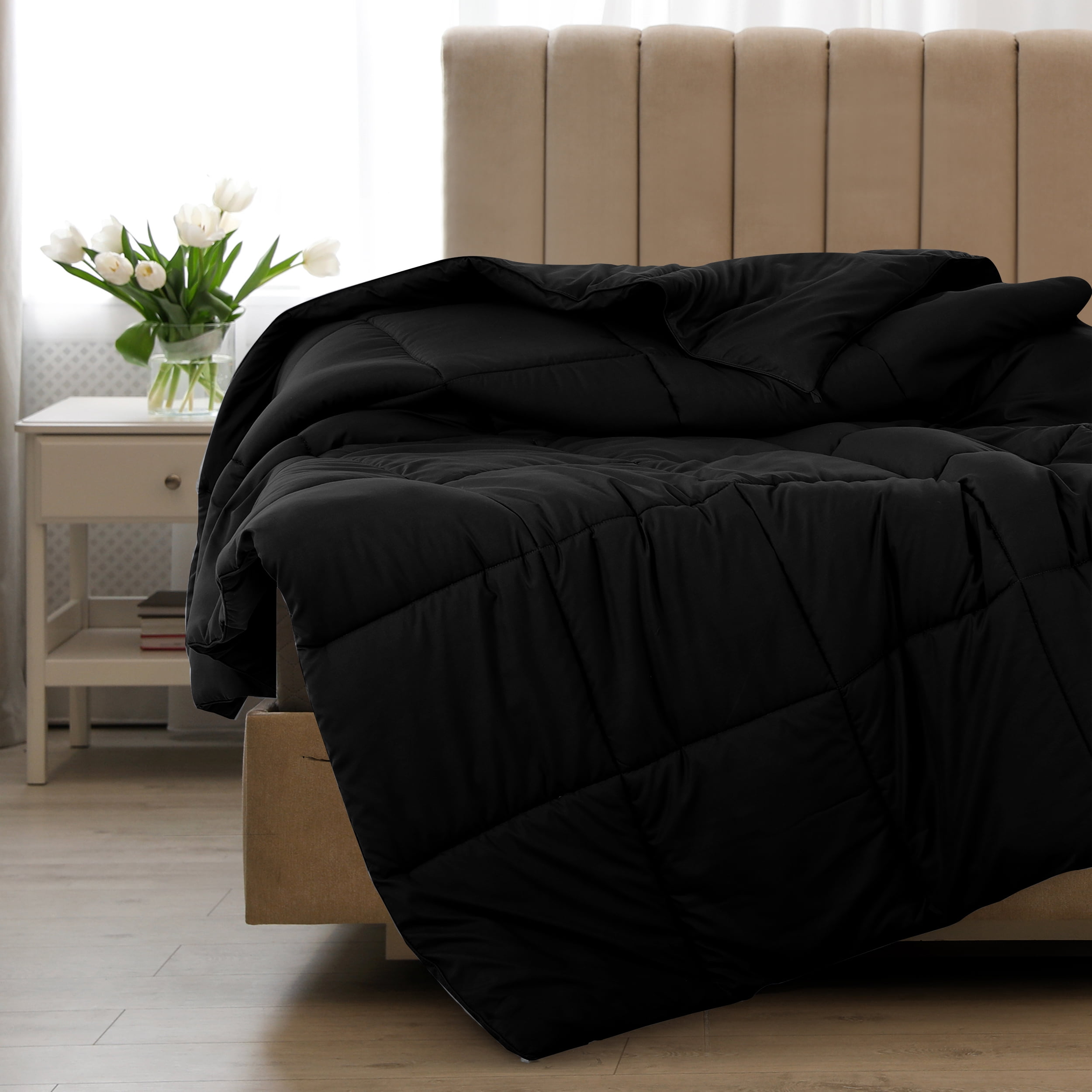 Lux Decor Collection Twin Comforter - Quilted Duvet Insert with Corner Tabs - Box Stitched Down Alternative Comforter - All Season Duvet Insert (Twin, Black)
