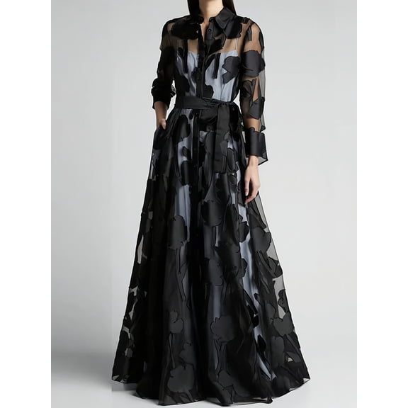 Women's Floral Organza Shirt Maxi Dress Collared Button Front Dress with Detachable Self Tie Belt Sheer Long Sleeves and Hidden Pockets