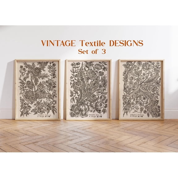 UNFFRAMED Vintage Textile Designs Print Set, Botanical Prints, Art Prints, Vintage, Textile Art, Pattern Wall Art, Print Sets, Botanical Print Set Set 3 Prints 20x30