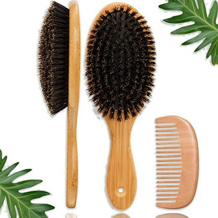 Boar Bristle Hair Brush + Travel Size Natural Wooden Detangler Comb , Normal,Fine Thin Hair- Add Shine & Improve Hair Texture- Eco Bamboo Detangling