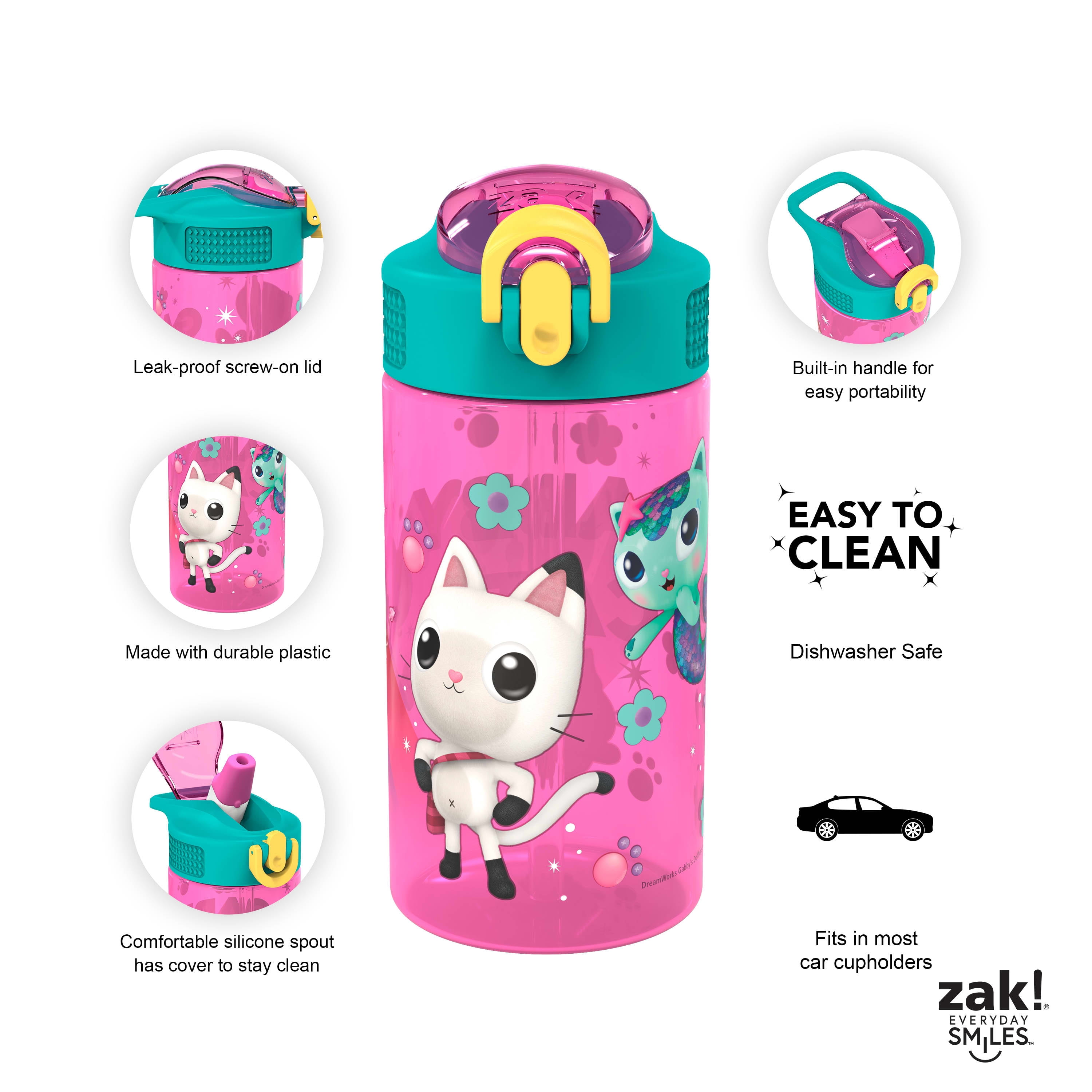 Zak Designs Gabbys Dollhouse 16 ounce Reusable Water Bottle with Hygienic spout cover and antimicrobial spout, Gabby's Cats
