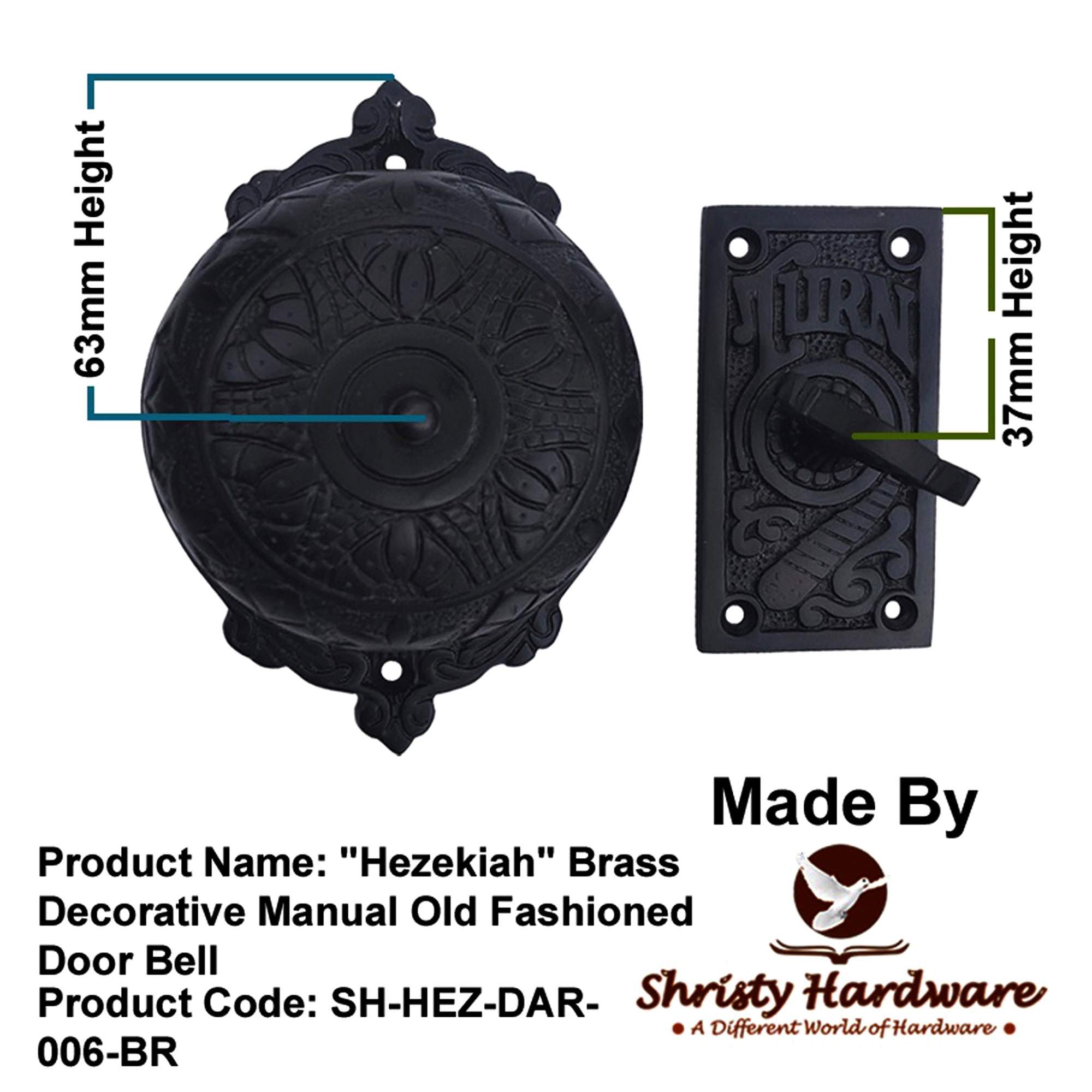Shristy Hardware "Hezekiah" Brass Manual Old Fashioned Door Bell – Vintage Twist Bell with Key Plate – Mechanical Doorbell for Home – (Pack of 1 Antique Black Finish)