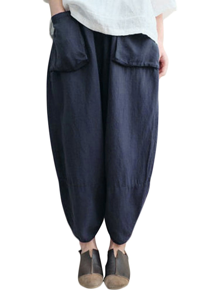 Womens New Loose Fit Cotton Linen Casual Harem Pants Ethnic Wide Leg Trousers SZ
