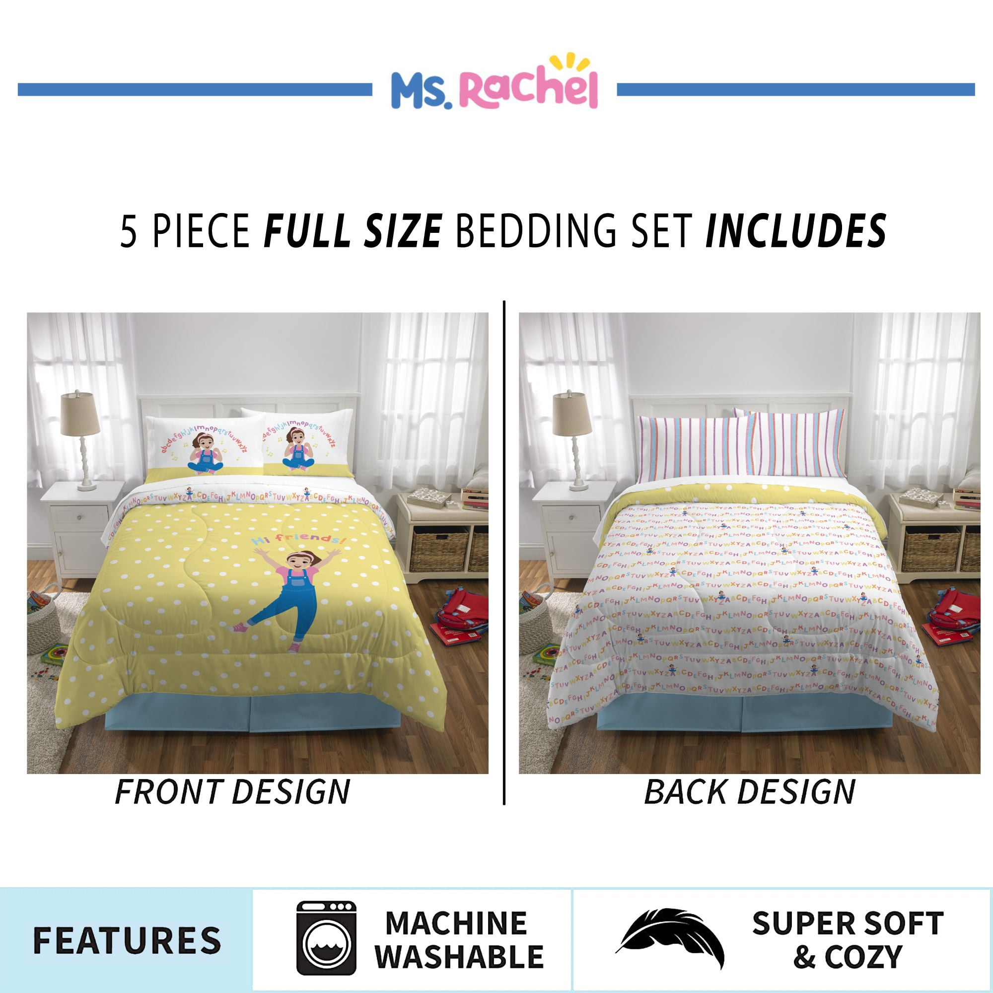 Ms. Rachel Kids 5 Piece Yellow White Polka Dot Reversible Comforter, Bed in a Bag, Full