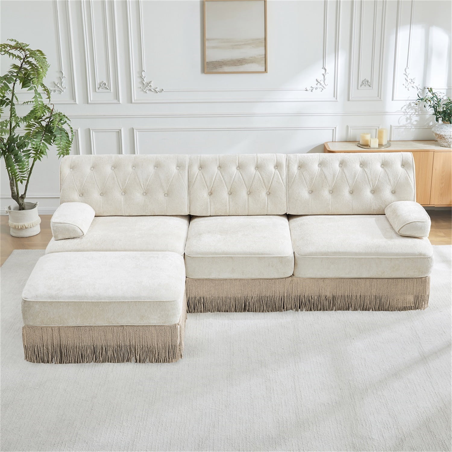 Hommoo 3-Seater Chesterfield Style Velvet Fabric L-Shaped Sectional Sofa, Tufted Button Upholstered Design and Floor-grazing Tassel, Free Combination Sofa Couch Set, for Home, Beige