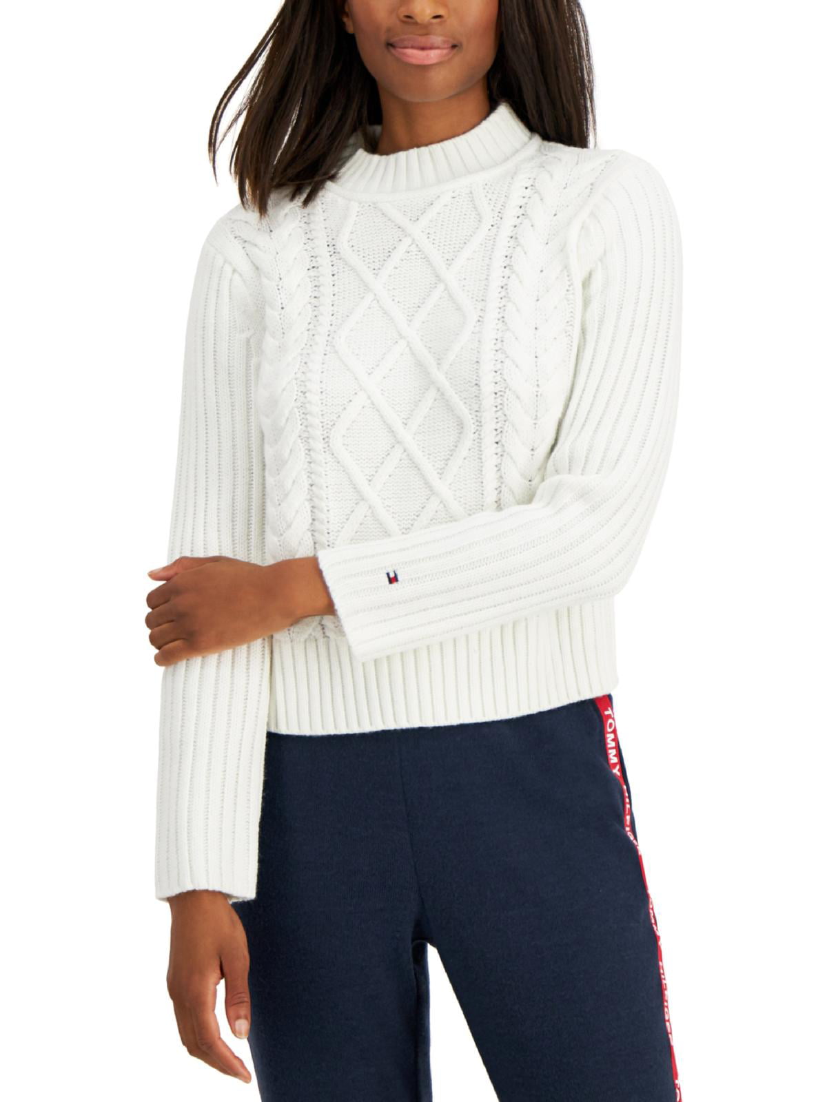 Tommy Hilfiger Womens Cable Knit Ribbed Trim Funnel-Neck Sweater ...