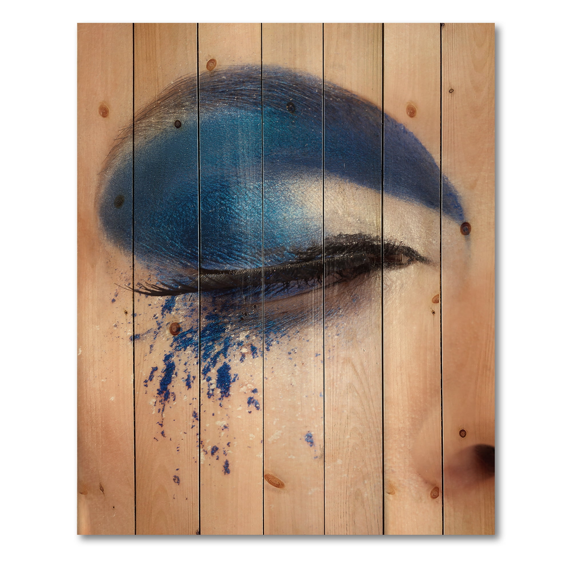 Designart 'Closed Woman Eye With Blue Fantasy Make Up' Modern Print on Natural Pine Wood