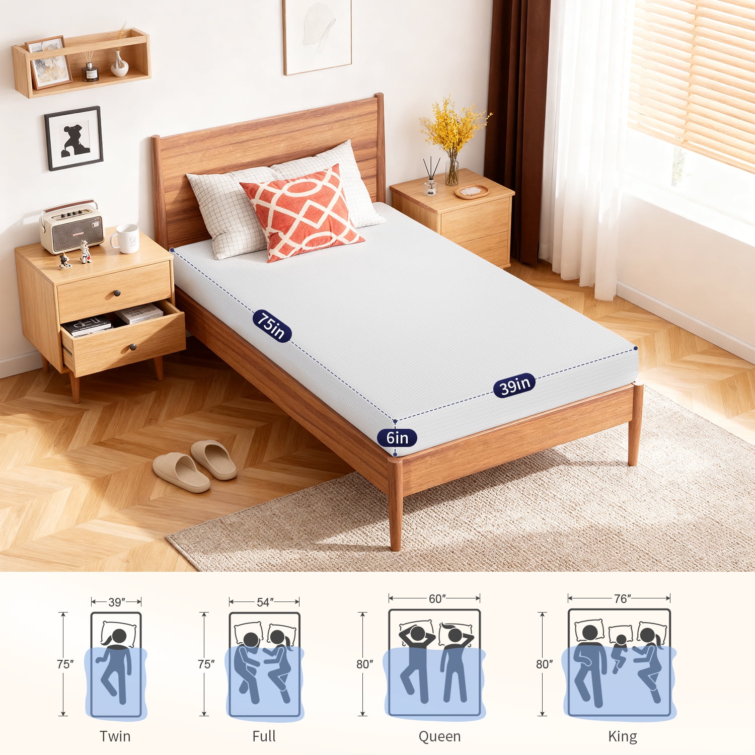 FDW Twin Mattress 6 inch Gel Memory Foam Mattress Queen Mattresses Medium Firm Mattresses，White
