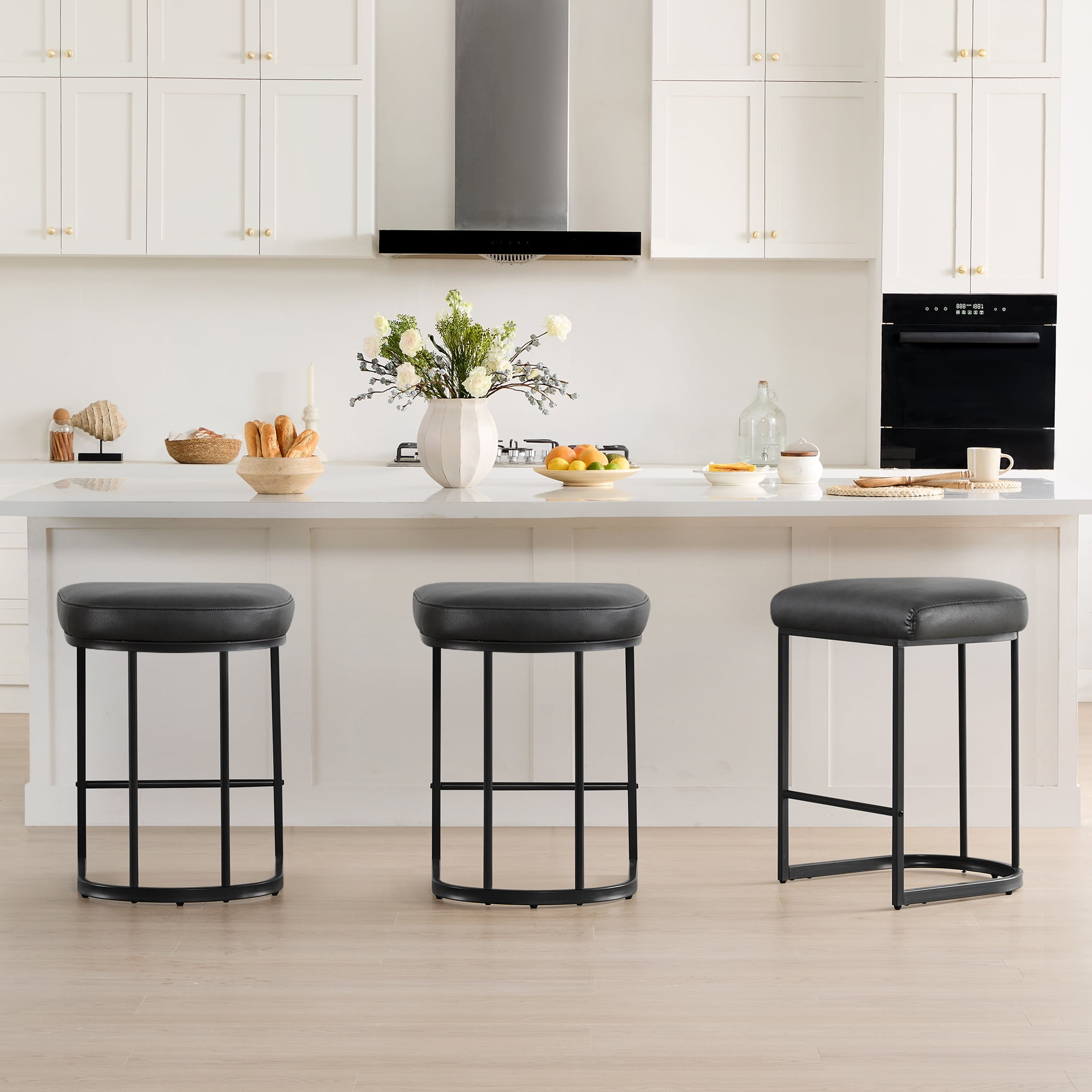 Spruce & Spring Black Upholstered Counter Bar Stools with Curved Seat and Metal Legs, Set of 2