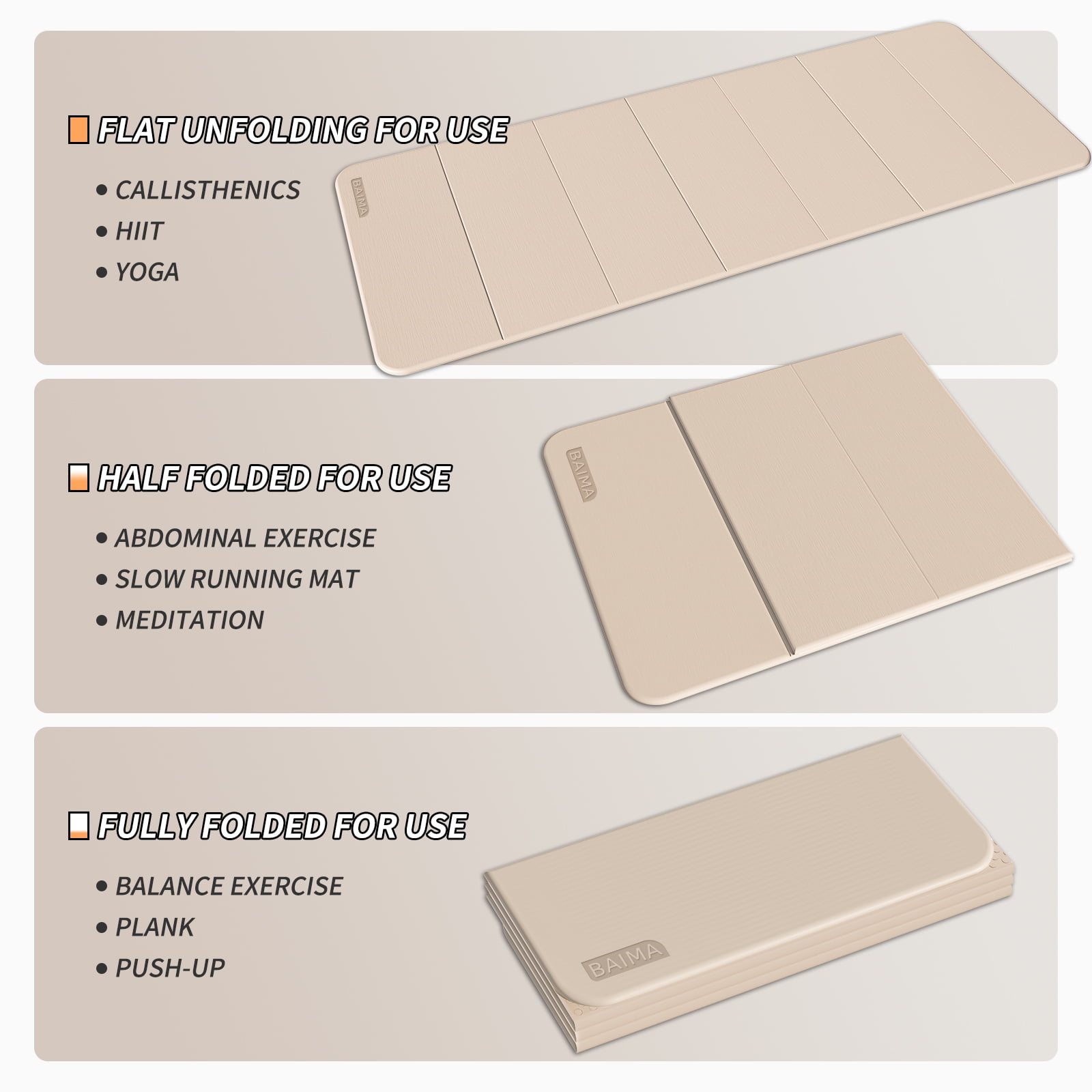 BAIMA Foldable Yoga Mat 10mm Thick , Workout Mats for Home Gym , Pilates,Quick Unfold/Stor,Non-Slip Surface,3.5lbs(Beige)