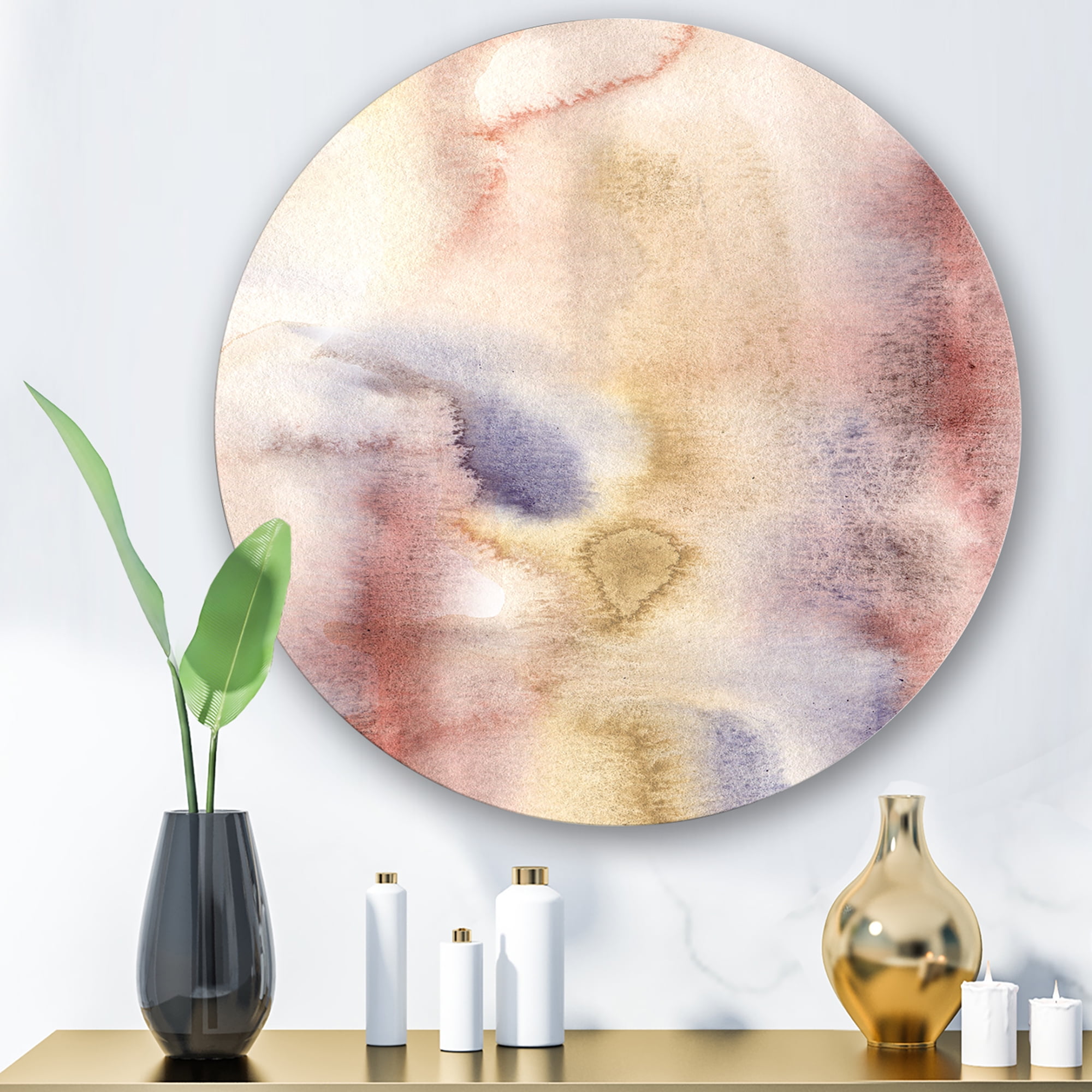 Designart 'Pastel Abstract With Pink Dark Blue and Yellow Spots' Modern Circle Metal Wall Art 23x23 - Disc of 23