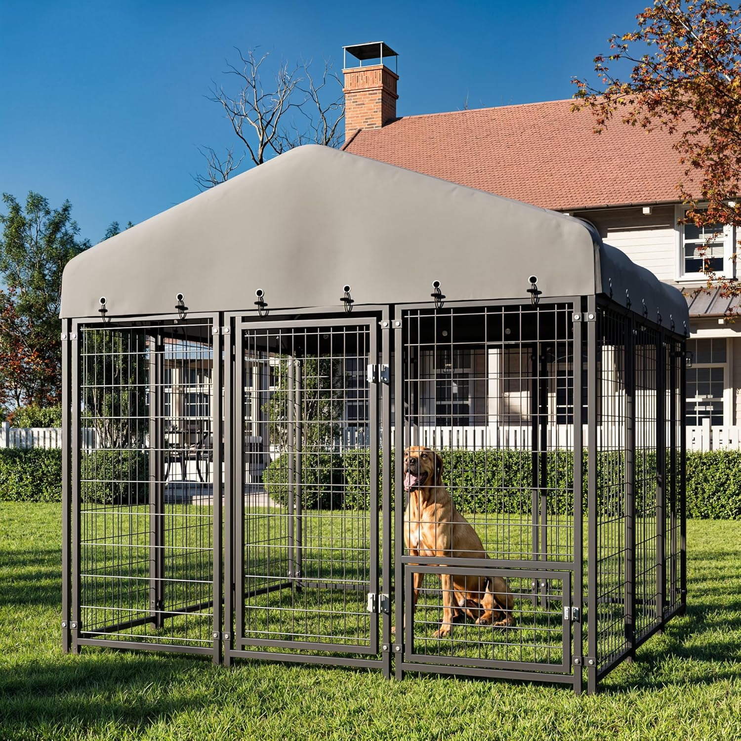 6X6FT Dog Kennel Outside Dog Kennel Outdoor with Feeding, Heavy Duty Outdoor Dog Crate Durable Dog Cage with Roof & Double Lock