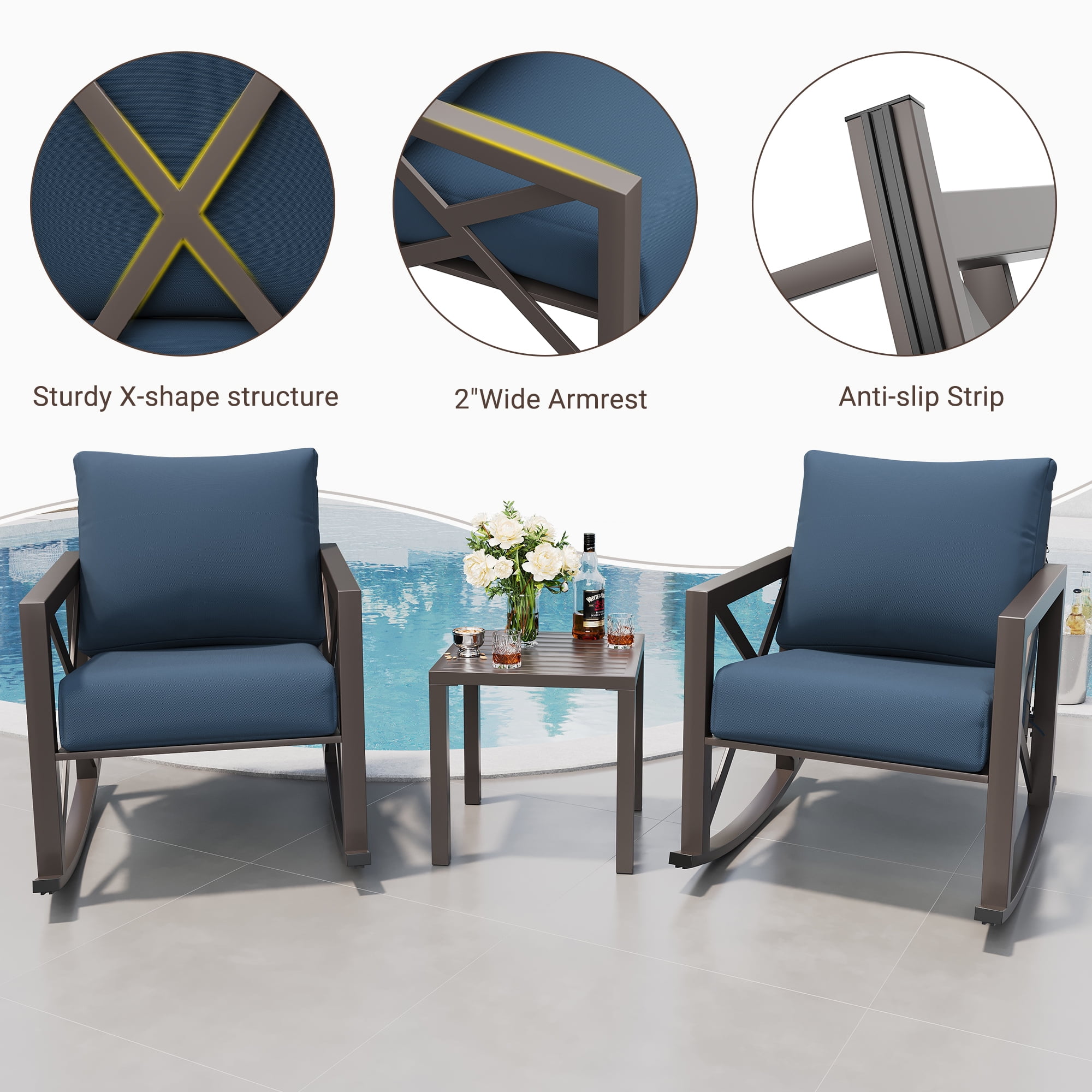 MRUAKA Rocking Chair Bistro Set,3 Piece Outdoor Patio Furniture Set with 2 Rockers and 1 Metal Coffee Table with Thick Cushions for Porch,Backyard,Poolside,Blue