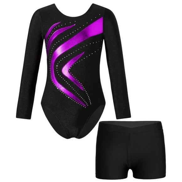 Oyolan Justaucorps à Manches Longues pour Filles avec Short Ensemble de Gymnastique Tenue de Danse Unitard Violet B 6