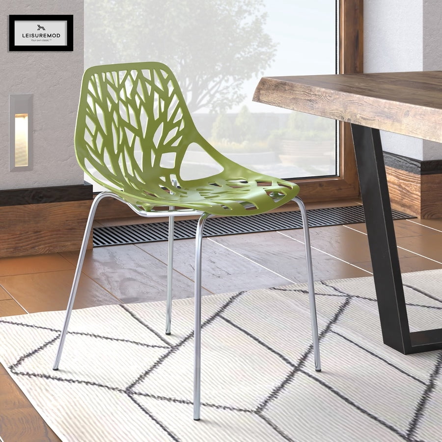 LeisureMod Dining Chair with Molded Polypropylene Seat and Chrome Legs Tree-Inspired Cutout Back Design Stackable for Modern Home, Kitchen, Cafes Asbury Collection