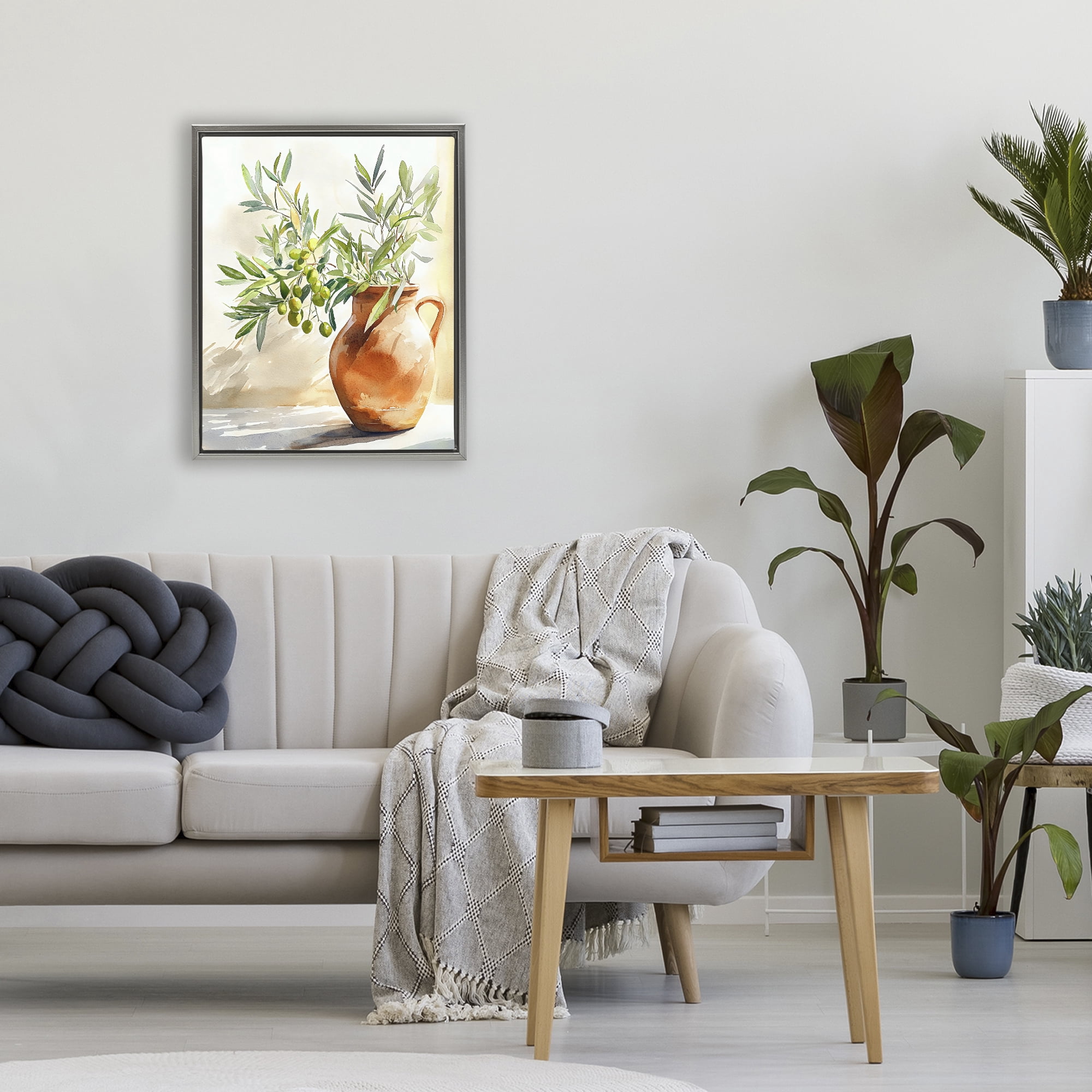 Stupell Industries Olive Branch in Terracotta Vase Gray Framed Floater Canvas Wall Art, design by LSR Design Studio