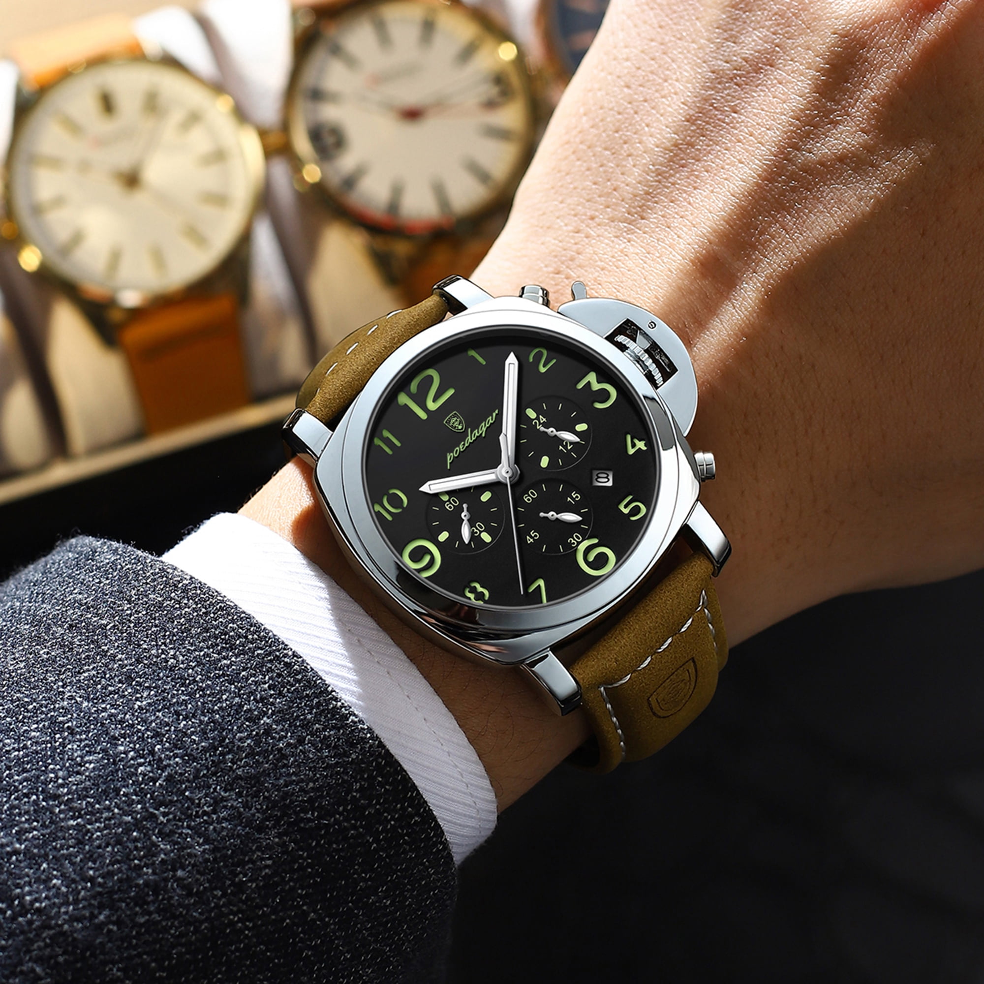 Poedagar Men's Business Quartz Watches with PU Leather Strap Waterproof Luminous Calendar Chronograph