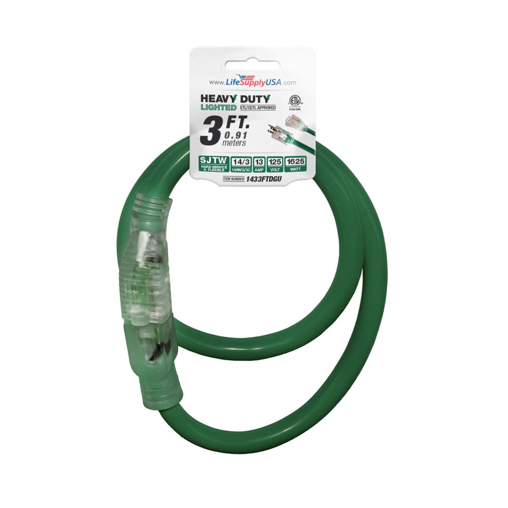 3 ft Extension cord 14/ 3 SJTW with Lighted end Green Indoor