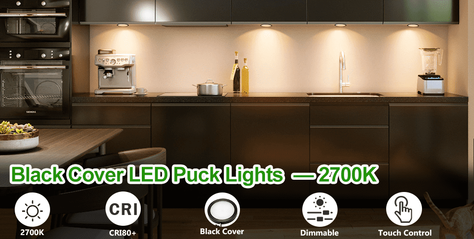 Under Cabinet LED Puck Lighting Kit with Touch Dimmer Switch for Kitchen Cupboard and Closet - Warm White, Black Cover, Set of Three Lights
