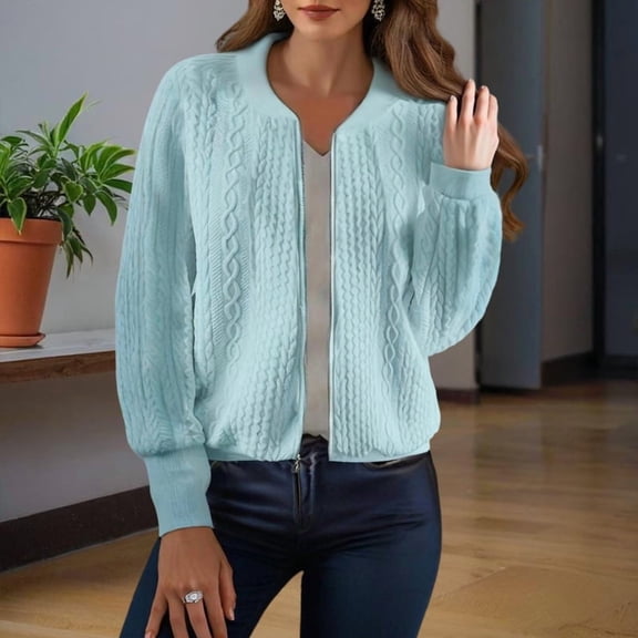 ZEHJUHAN Women's Textured Jacquard Long Sleeve Jacket Baseball Collar Zipper Casual Outerwear for Spring Fall Light Blue，S