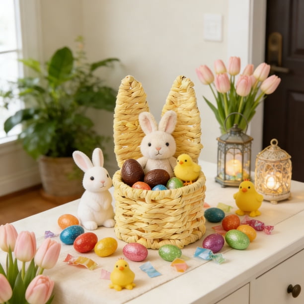 Mini cesta tejida a mano con orejas de conejo | Porta huevos de Pascua y pequeño porta regalos | Almacenamiento decorativo de escritorio para niños | Organizador de manualidades multicolor para la