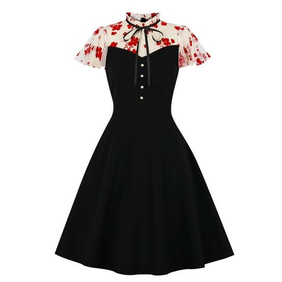 Fesfesfes Casual Women Gowns French Retro Temperament Elegant Short Sleeve Zipper Dress or