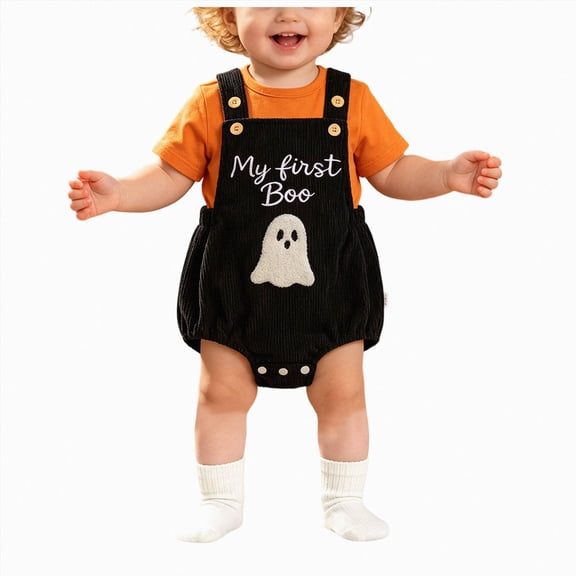 Ulanda My First Halloween Baby Boy Girl Outfit Newborn Corduroy Overalls Bubble Romper Sleeveless Bodysuit (Black, 6-12 Months)