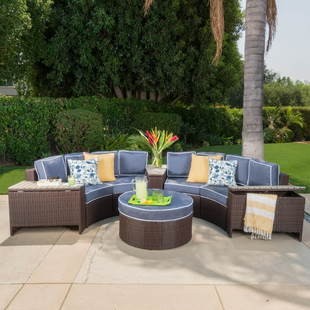 Riviera Zanzibar Outdoor 4 Seater Wicker Curved Sectional Set With Wedge Tables Brown And Navy Blue Com Seater Wicker Curved Sectional Set, Outdoor Curved Sectional