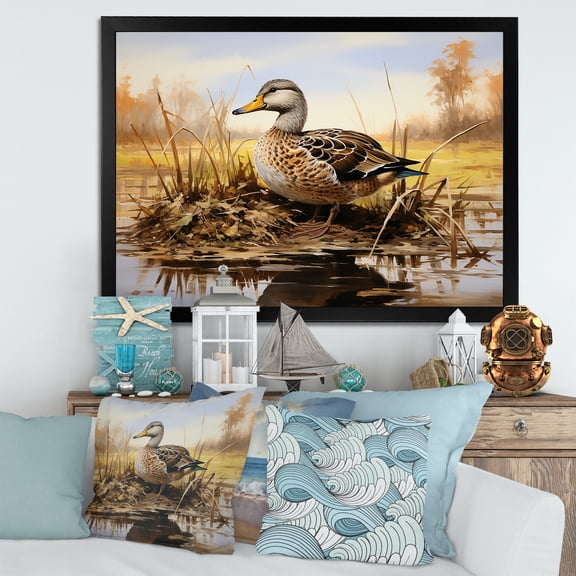 Designart "Duck Waddling in the Countryside I" Animals Framed Wall Art Decor - Modern Farmhouse Brown Duck Living Room Framed Canvas Art