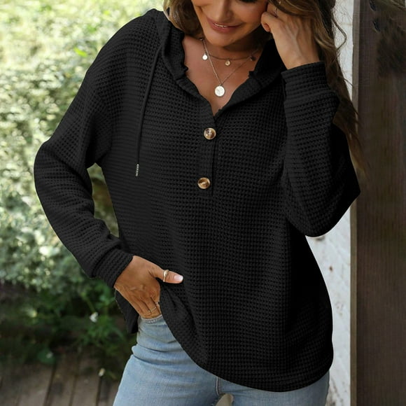 XZNGL Womens Solid Color Knitted Pullover Button Top Hoodie
