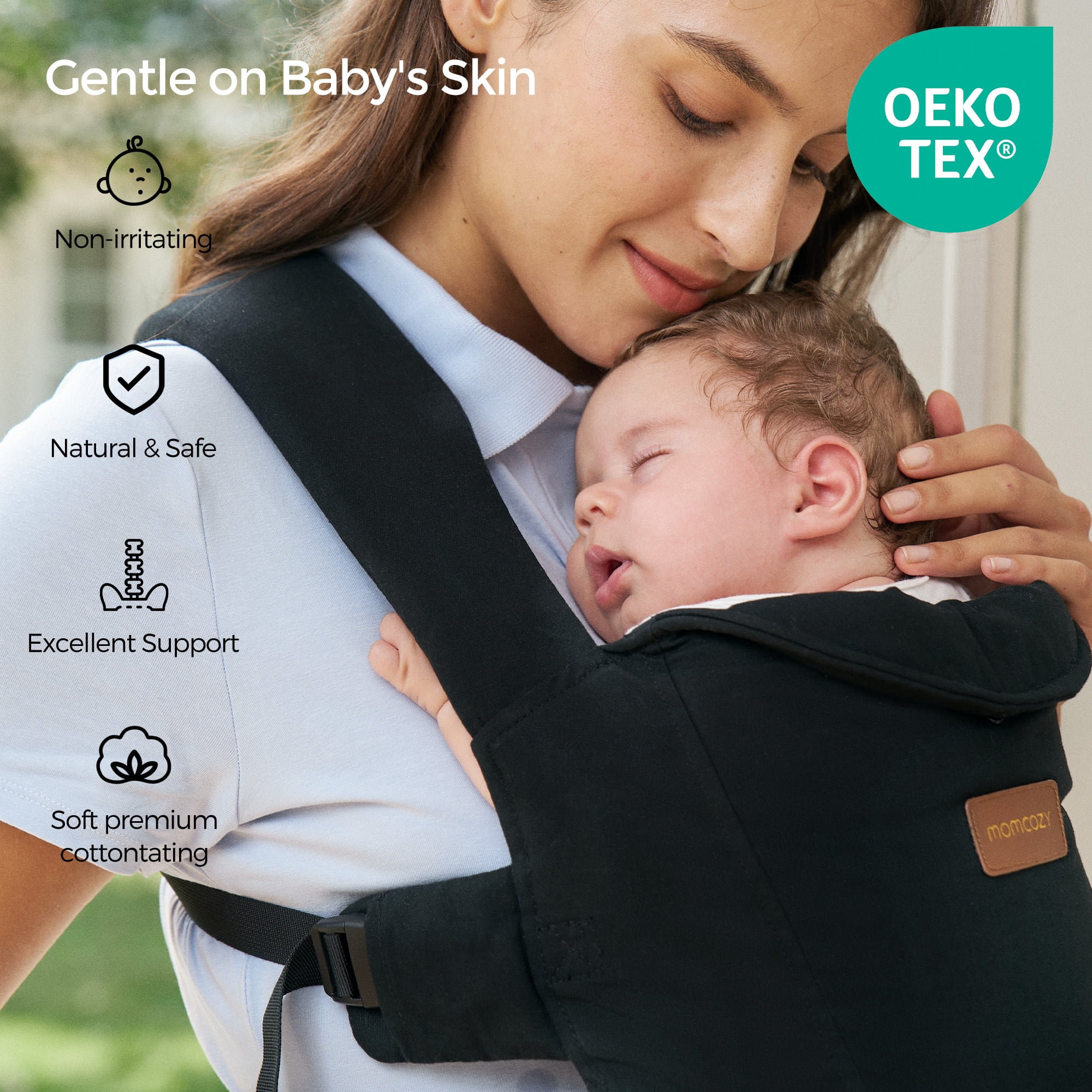 Momcozy Newborn Carrier WeeSnug- Lightweight and Cozy Comfort for 7-25 lbs, Ergonomic Cross-Back Support, Effortless to Put On, Hands-Free Baby Carrier with Lumbar Support, Black